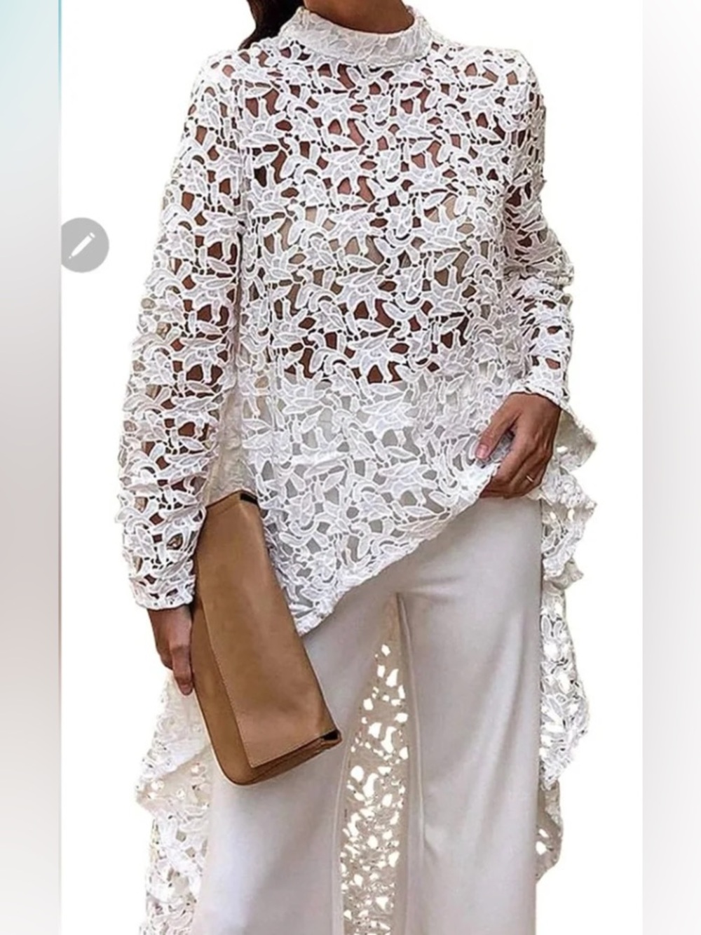 White Lace High-Low Blouse with Mock Neck
